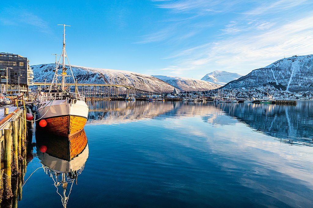 Beautiful winter landscape of snow covered town Tromso in Northe